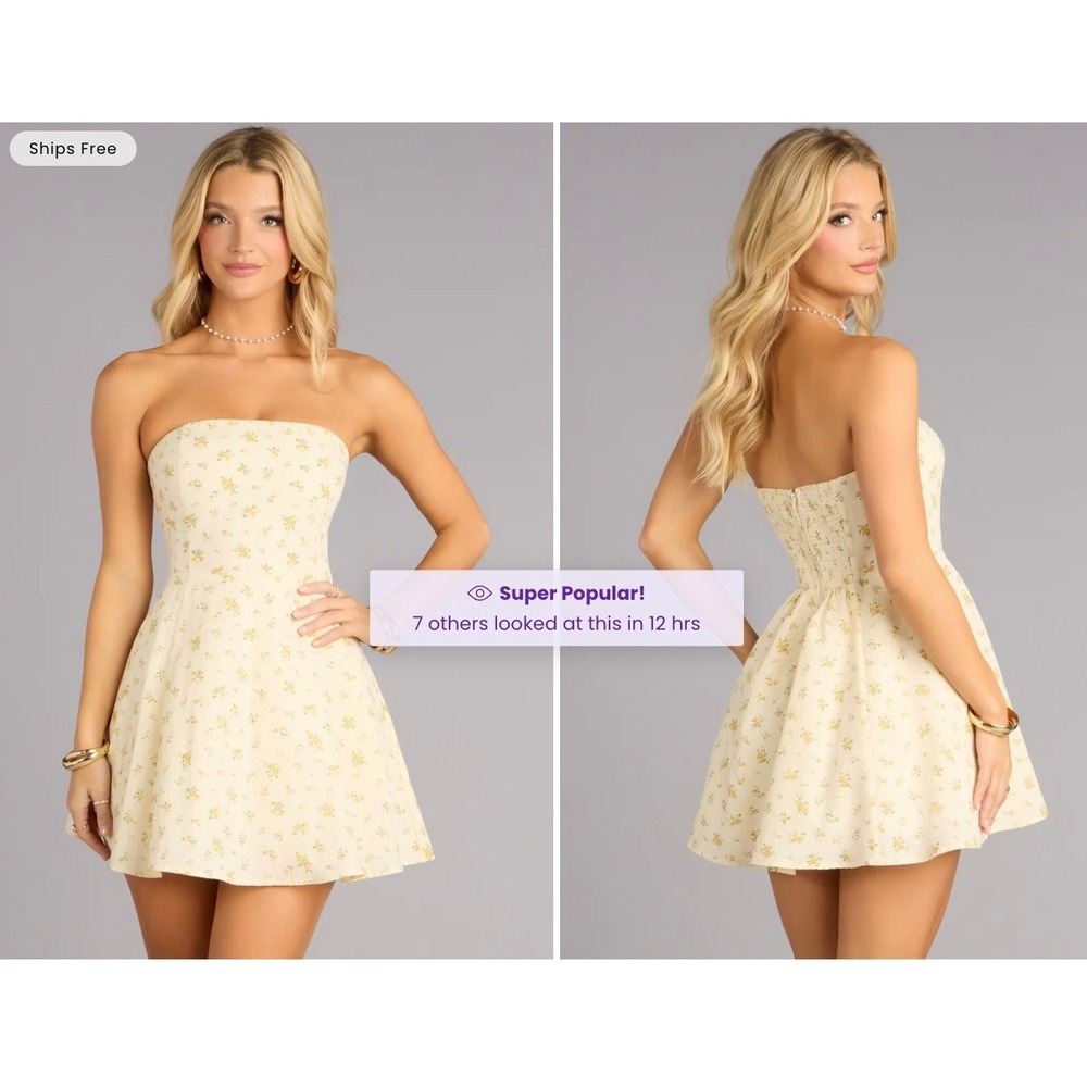 Windsor Baby Yellow Floral Strapless Mini Dress Smocked Back Fit & Flare Size S